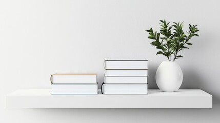 A stack of books with their spines facing forward, placed on a minimalist floating shelf