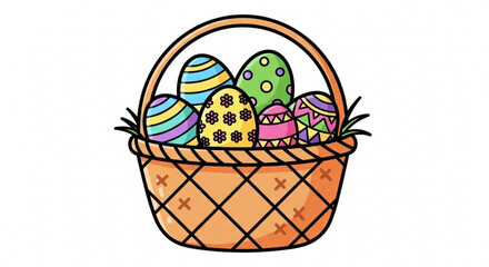 Colorful easter eggs in a woven basket decorated with patterns and stripes on a white background symbolizing springtime and holiday cheer