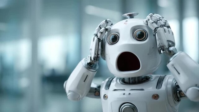 shocked looking robot in office illustrated animation