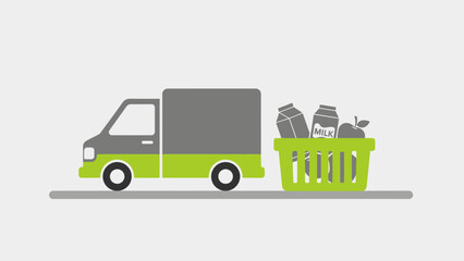 Grocery Delivery Truck With Basket Full Of Fresh Food For Online Shopping