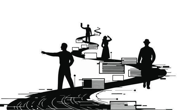 Silhouettes of people navigating a winding path with digital elements, symbolizing progress and challenges.