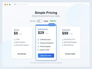 A computer screen shows three service plans labeled Starter, Professional, and Enterprise. Each plan has features and pricing details for users to choose from.