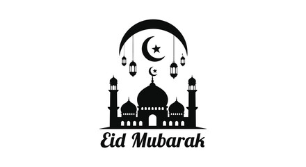 An eid mubarak graphic featuring a crescent moon star ornate mosque and hanging lanterns presented as a striking silhouette high quality © rabbivay