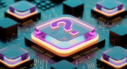 A glowing purple question mark icon on a circuit board with neon lights and microchips