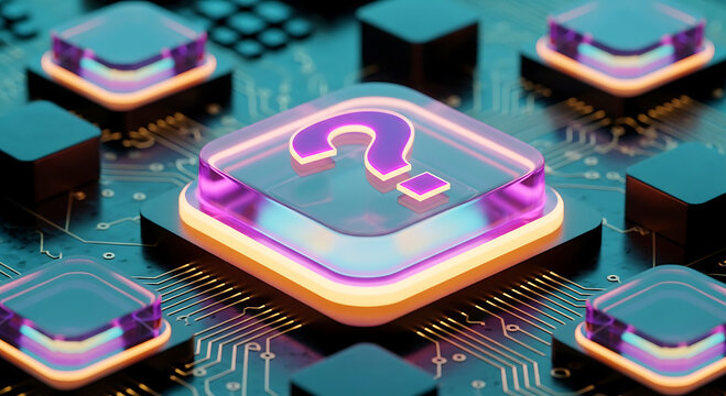A glowing purple question mark icon on a circuit board with neon lights and microchips - Powered by Adobe