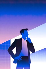 Modern flat illustration of a pensive businessman. Visionary leadership, business strategy and corporate technology growth concept.