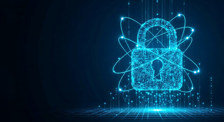 A glowing blue digital padlock with swirling lines and dots on a dark background represents cybersecurity