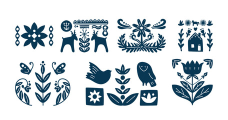 Colored composition of folk symbols and traditional artistic patterns in Scandinavian style set © Mykola Syvak