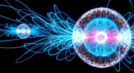 A vibrant digital illustration of glowing blue and pink atomic structures on a black background
