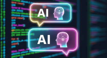 A futuristic illustration of artificial intelligence concepts with glowing speech bubbles and coding background
