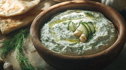 A close-up of a traditional Greek tzatziki dip with cucumbers, garlic, and dill, served with pita bread in a rustic taverna .