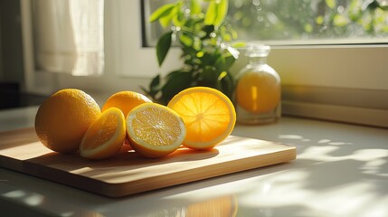 Citrus essential oil with orange and lemon slices on a sunny kitchen counter .