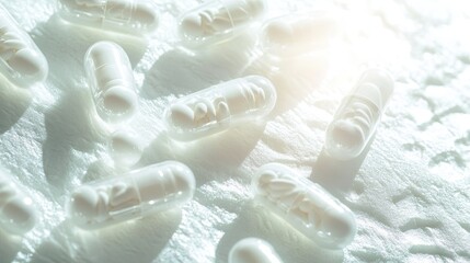 A bright, clean scene of probiotics and vitamin capsules resting on a white textured surface, under soft natural light .