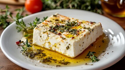 A plate of baked Greek feta cheese with olive oil, herbs, and a drizzle of honey, served in a cozy Mediterranean kitchen .