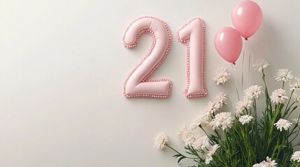 Vibrant and Elegant 21st Birthday Celebration Decor Featuring Pastel Balloons and Daisy Accents