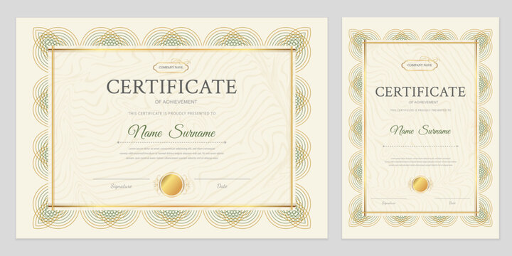 Professional set of certificate and diploma templates in two formats. Elegant gold frame with green patterns and textured background. Editable vector layout for business and education.