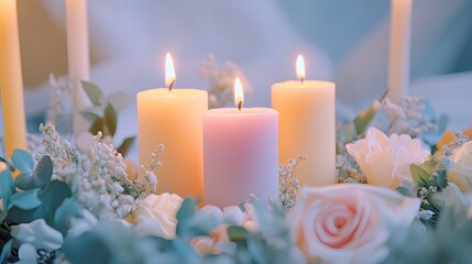 Birthday centerpiece with soft greenery and lit candles in pastel hues .