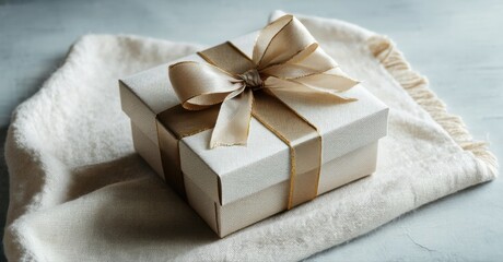 Gift box rests upon fabric. Neutral tones dominate scene, suggesting celebration, warmth, simplicity. Delicate ribbon adorns package.