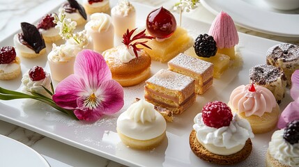 Birthday dessert tray with elegant floral touches and delicate pastries .