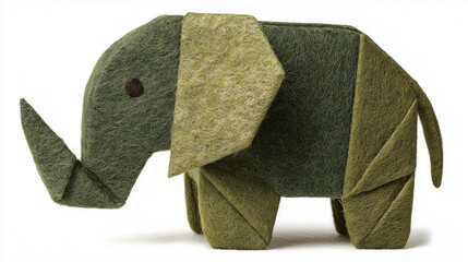 A stylized elephant figure crafted from felt, featuring earthy green tones and a geometric design that highlights both its playful and artistic nature.