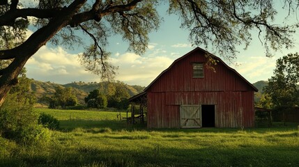 A vintage red barn with a weathered wood exterior, surrounded by a lush green field. .