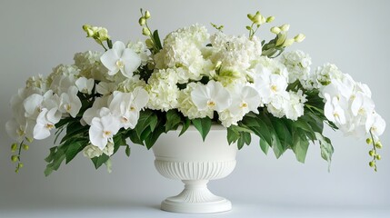 A lush and luxurious arrangement with orchids and hydrangeas in a white vase - .