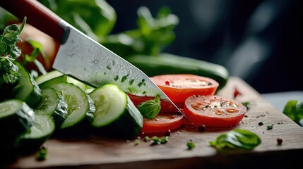 A chef's knife slicing through fresh vegetables on a chopping block, emphasizing culinary expertise