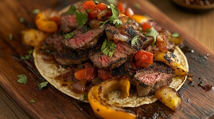 Gourmet taco dish with grilled steak, peppers, and onions, presented on a wooden surface with Mexican decor .
