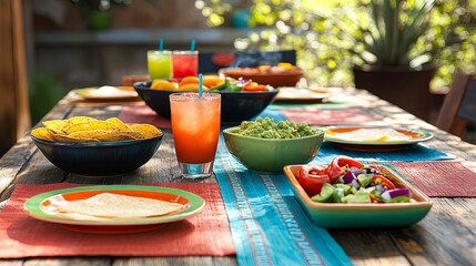 A traditional Cinco de Mayo fiesta with taco platters, guacamole, and margaritas on a wooden table with colorful tablecloths .