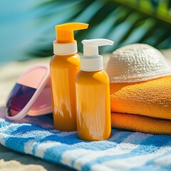 Sunscreen Essentials - A close-up of sunscreen bottles and protective clothing on a beach towel, with UV rays subtly depicted in the background. .
