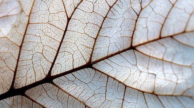 Extreme close up macro view of a dried leaf skeleton, intricate network of fine veins forming an organic geometric pattern, translucent off white leaf structure with delicate natural lines.