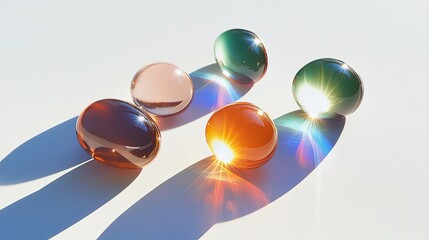 Close-up of a few health supplement capsules arranged artistically on a white background with sunlight reflecting off them .