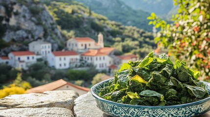 Traditional Greek spanakopita (spinach pie) with flaky, displayed on a stone countertop with a Greek village background .