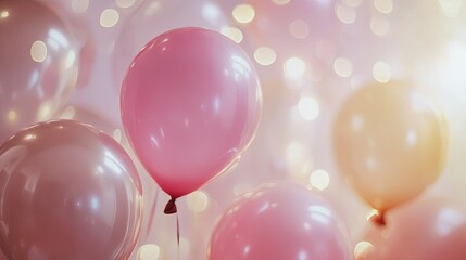Birthday balloons in soft hues, light bokeh background .