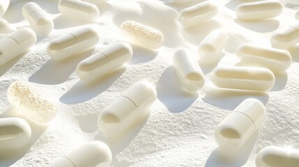 A bright, clean scene of probiotics and vitamin capsules resting on a white textured surface, under soft natural light .