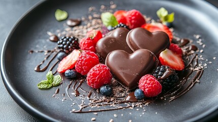 Dessert for two with chocolate hearts and berries .