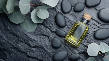 Spa flat lay: oil bottle with black basalt stones and eucalyptus leaves .
