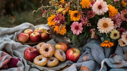 A fall-inspired picnic spread with apple cider donuts, warm blankets, and seasonal flowers. .