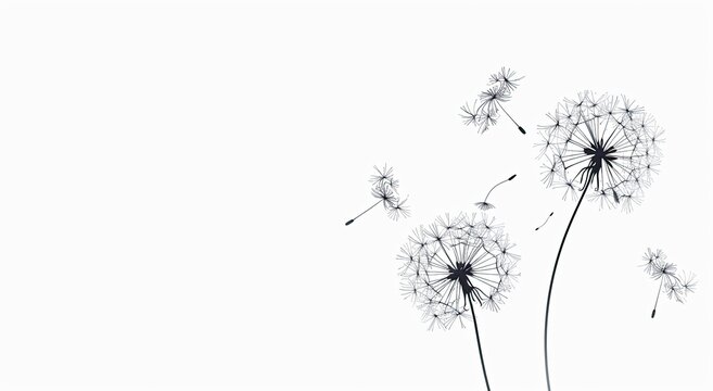 Black and white illustration of dandelion seed heads blowing in the wind against a white backdrop