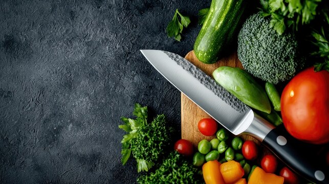 A chef's knife slicing through fresh vegetables on a chopping block, emphasizing culinary expertise - Powered by Adobe