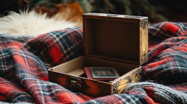 Anniversary memory box open on cozy plaid blanket .