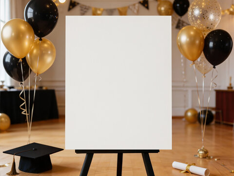Graduation party decoration mockup with blank white sign on black easel. Celebration background with black and gold balloons, mortarboard cap, and diploma scroll