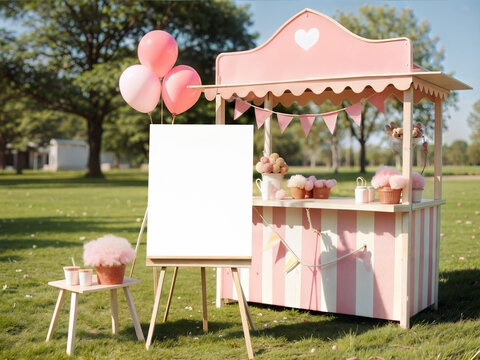 Cute pink kids party decoration mockup with blank white sign on easel. Summer garden background with striped market stall, cotton candy, and balloons