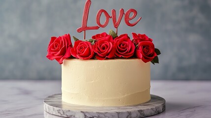 Cake with "Love" topper and red roses on marble surface .