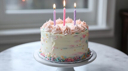 Simple, modern birthday cake with pastel frosting and soft natural light .