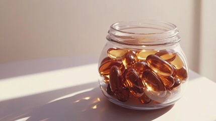 An elegant glass jar of omega-3 soft gels on a white background with soft lighting enhancing their shapes .