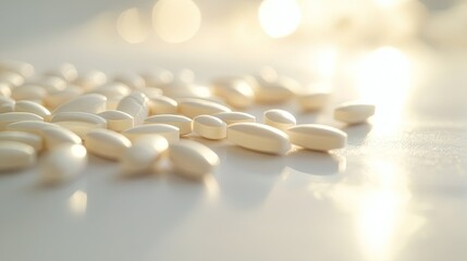 Close-up of a few vitamin and supplement tablets scattered on a smooth white surface with natural light creating soft reflections .