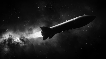 A sleek spacecraft flying through a dark nebula, with stars twinkling in the distance. .