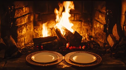 Fireplace setting with two plates and warm lighting .