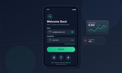 A person uses a fitness app with a login screen on a mobile device. The screen shows a welcome message, input fields for email and password, and fitness stats like daily steps and heart rate.